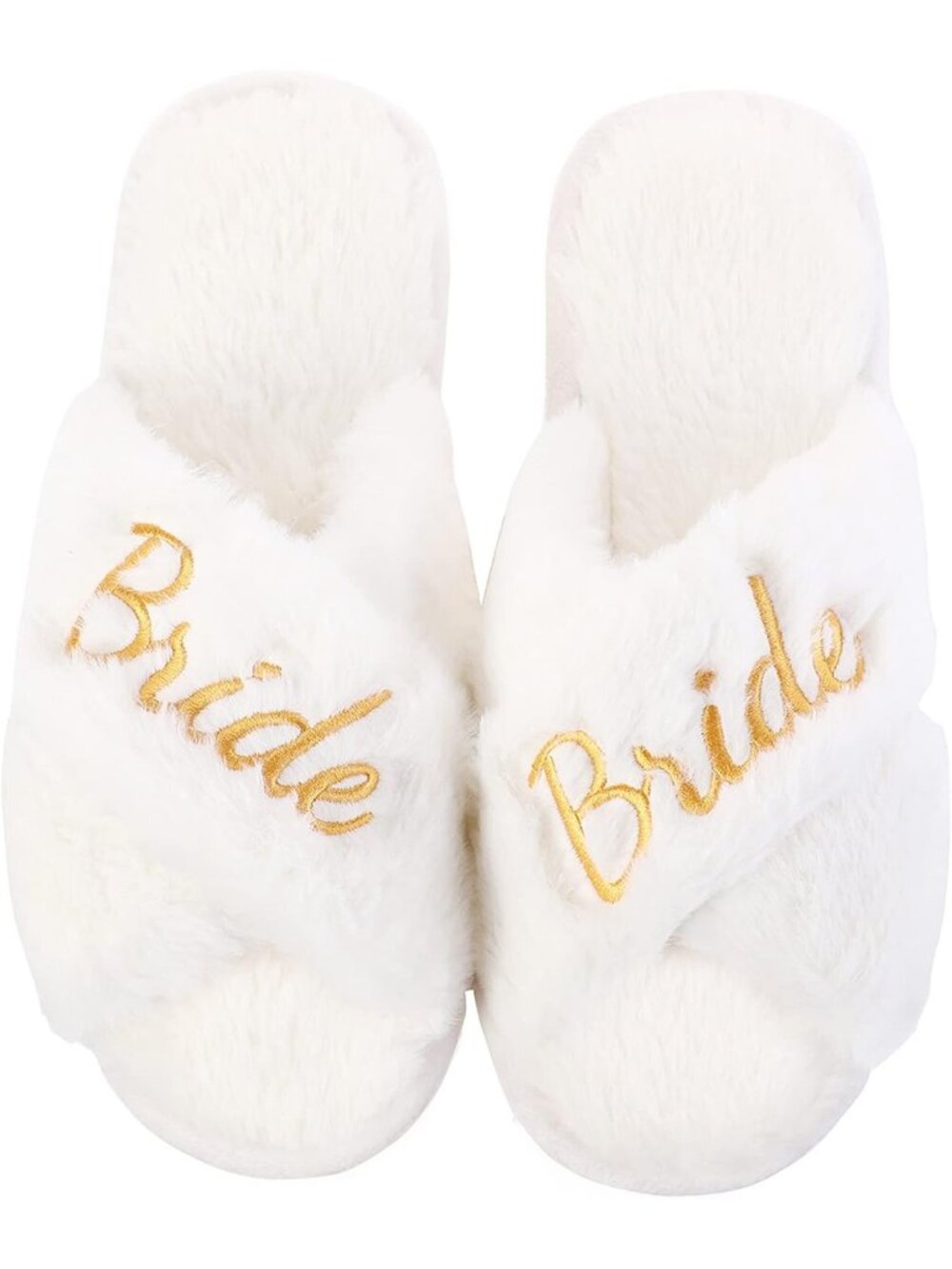Bride Slippers Gold Faux Fur White Fuzzy Bachelorette Party Bridal Shower Gifts